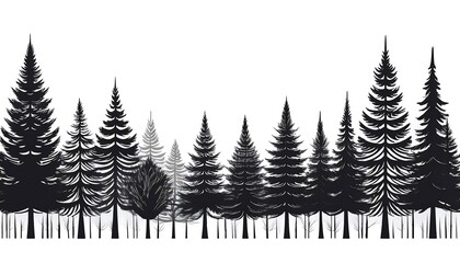 Obraz premium Evergreen forest firs and spruces create stark black shapes against a white background,_1(1165)