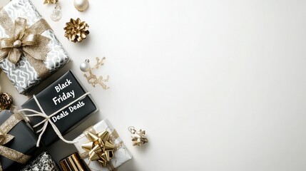 Naklejka premium A stylish arrangement of gift items on a white background with Black Friday Deals text overlay, appealing to holiday shoppers.