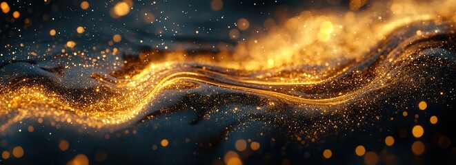 Elegant abstract golden glow dissolving into dark liquid waves at night, creating a mesmerizing macro backdrop filled with shimmering details mockup, mock up, template, empty, for text,  copy space