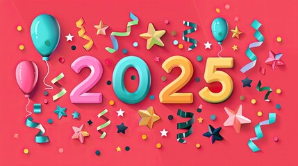 Fototapeta premium Festive New Year 2025 Celebration Banner with Colorful Balloons, Stars, and Confetti on a Vibrant Background