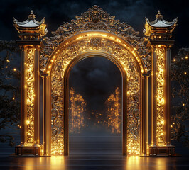 Ornate Golden Archway Gate with Intricate Patterns and Glowing Details, a Majestic Entrance in a Dark Mystical Setting with Sparkling Embellishments