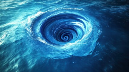 A mesmerizing whirlpool in vibrant shades of blue, creating a hypnotic effect on the surrounding water surface.