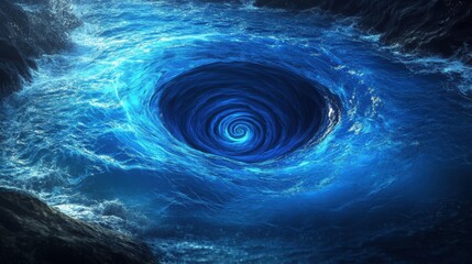 A mesmerizing blue whirlpool swirling in deep water, creating a sense of mystery and intrigue in the ocean's depths.