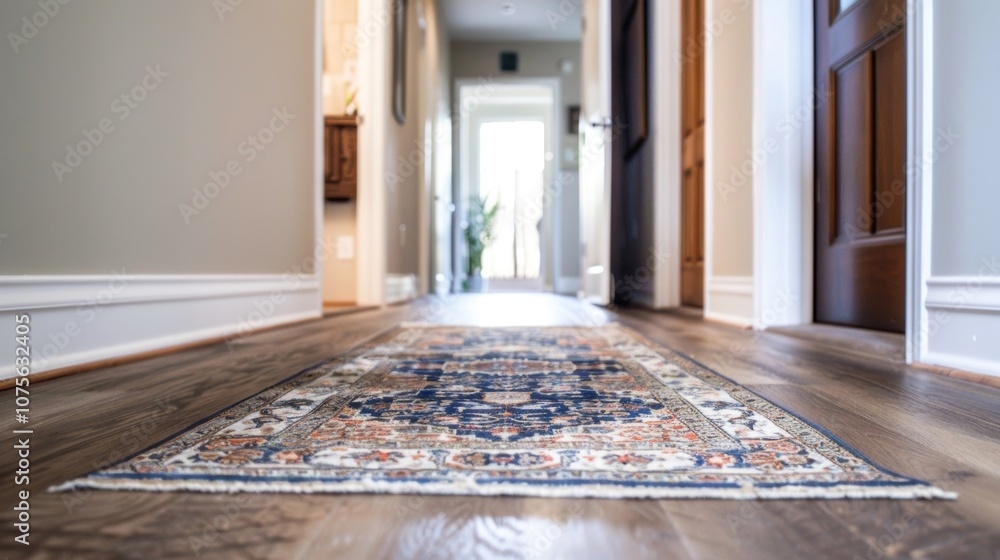 Poster the intricately patterned rug in the hallway adds a pop of color and texture to the neutral walls an