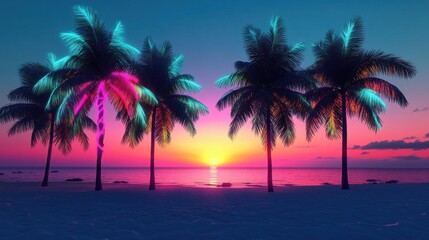 Fototapeta premium Vibrant tropical sunset with neon palm trees silhouetted against a colorful sky and gentle ocean waves.