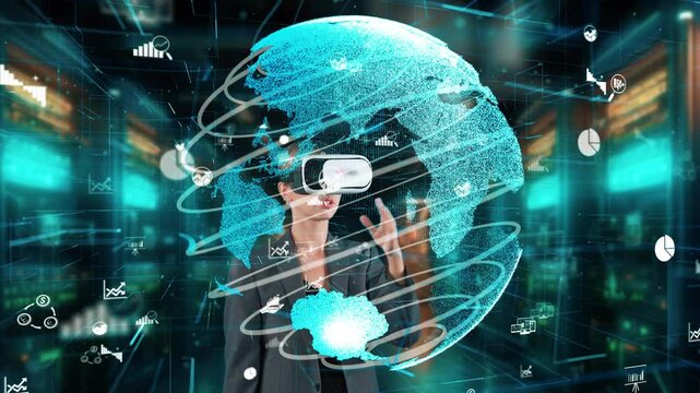 Businesswoman selecting change dynamic market data world scattering graph analysis monitor VR global innovation interface digital infographic network technology visual hologram animation. Contraption.