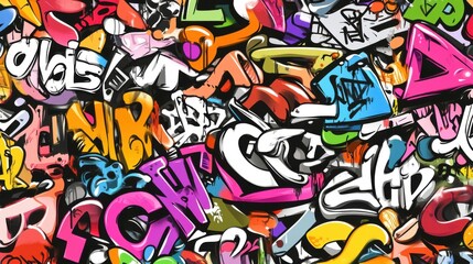 Colorful graffiti art filled with vibrant letters and symbols, creating an energetic urban vibe.