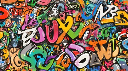 A vibrant and chaotic mix of colorful graffiti showcasing artistic expression and urban culture.