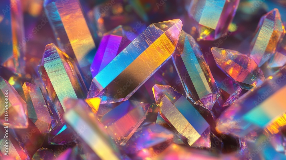 Poster close-up of vibrant iridescent crystals showcasing a spectrum of colors and sharp facets in a mesmer
