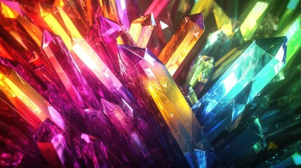 A vibrant cluster of rainbow-colored crystals reflecting light in a dazzling display of color and shine.