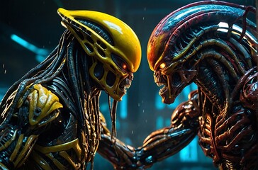 A ferociously entwined alien and predator