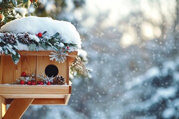 Naklejka premium Snowy birdhouse adorned with festive decor in winter forest