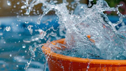 A closeup of a giant bucket filled with water and ready to pour down on unsuspecting swimmers.