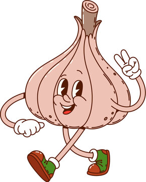 Groovy ripe garlic vegetable happy character. Vegetarian food healthy product cheerful hippie vector character, agriculture veggie or farming market fresh garlic vegetable isolated groovy personage