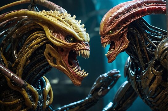 A ferociously entwined alien and predator