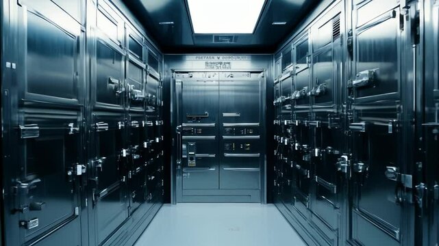 Camera moving through futuristic technological corridor  Swiss Bank Vault