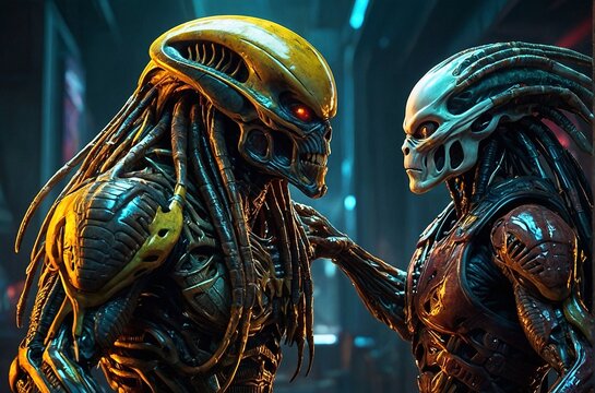 A ferociously entwined alien and predator