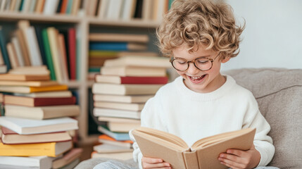 A joyful boy in glasses sits on colorful books, laughing as he reads in a bright studio setting with a white background