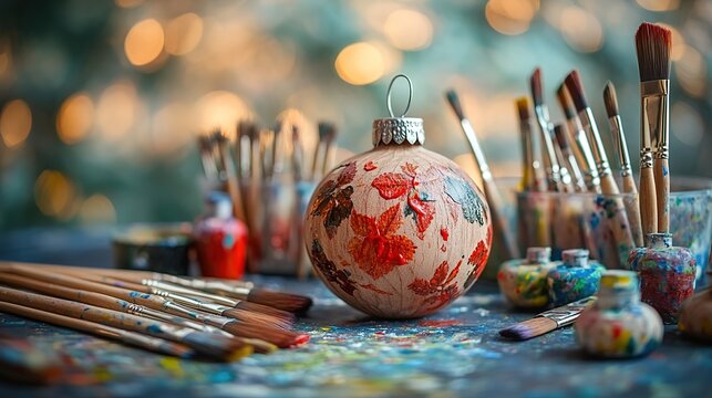 Hand-painted Christmas bauble among art supplies.