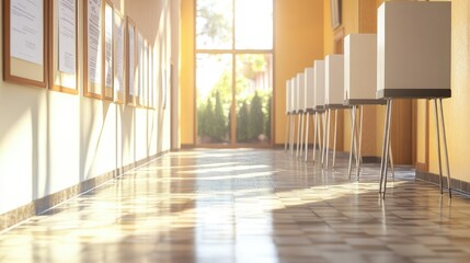 Fototapeta premium Empty polling station with a neat line of voting privacy booths, inviting voters to exercise their rights on Election Day, with ample copyspace for text.