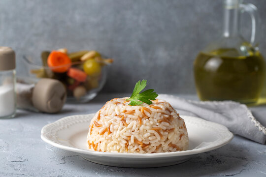 Traditional delicious Turkish food; Turkish style rice pilaf (Turkish name; Arpa sehriyeli pirinc pilavi)