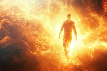 Obraz premium A figure emerges from fiery energy amidst cosmic background in a stunning display of light