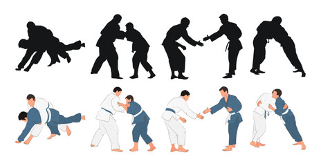 Judoka, judoist, athlete duel, fight, judo, sport figure, silhouette outline