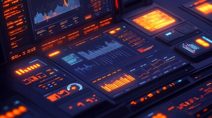 Futuristic interface with glowing digital displays and data.