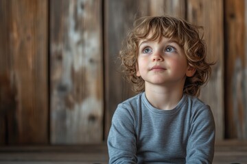 Young child with curly hair gazing thoughtfully in a rustic wooden interior setting