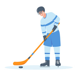 Hockey player with a stick and puck. Winter sport. Snowy winter season outdoor activity. Vector character illustration isolated on white background.