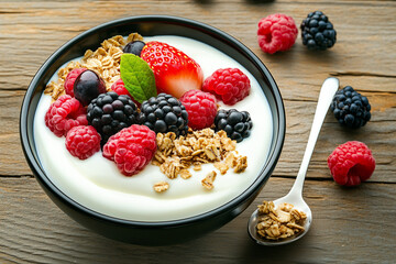 Bowl of yogurt topped with granola, strawberries, and raspberries on plain background.