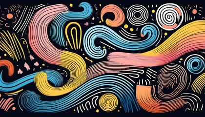  Black squiggly lines and colorful shapes are drawn freehand in a playful, childlike sty_1(918)
