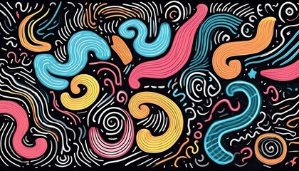  Black squiggly lines and colorful shapes are drawn freehand in a playful, childlike style o_1(915)