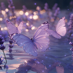 Elegant Purple Butterflies Floating Over Lavender Reflections, Surrounded by Dreamy Bokeh Lights in a Serene and Magical Nature Scene