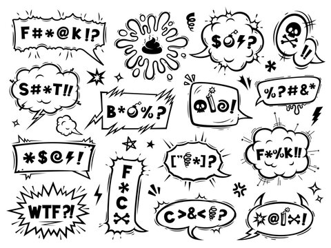 Comic swear speech bubbles and curse or expletive angry bad words, cartoon vector. Comic swear speech bubbles or censored message clouds with explicit text symbols of hate yell and anger emoji