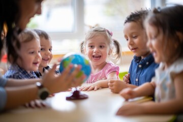 Group of children exploring a globe – smiling kids around a small globe, focus on collaborative learning, bright background, playful mood