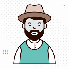 A man with a hat and beard is wearing a green vest. He has a smile on his face