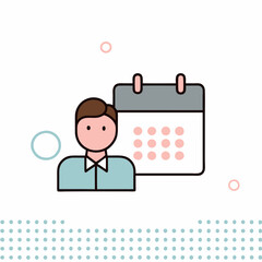 A man is holding a calendar and smiling. The calendar is white and has a blue background. Concept of organization and productivity