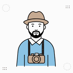A man with a camera and a hat. He is wearing a blue shirt and a hat
