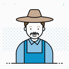 A man wearing a straw hat and blue overalls. He has a mustache and is smiling. The image is of a farmer