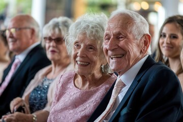 Elderly couple at wedding with family in background 