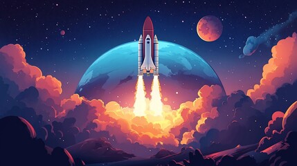 Fototapeta premium Rocket launching into space with Earth in the background.