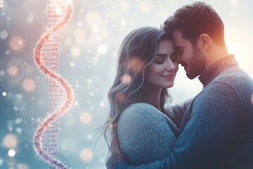 Couple sharing a romantic moment under a dreamy atmosphere with a DNA helix in the background
