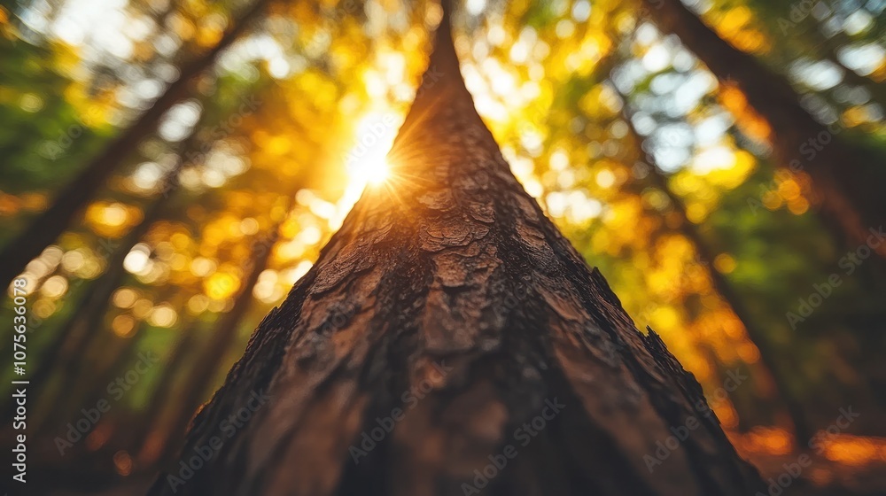 Poster low angle view of a tree trunk in a forest, with sunlight shining through the canopy.