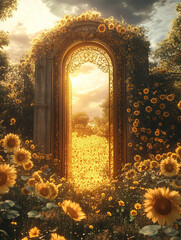 Golden Gate to a Sunlit Field of Sunflowers, Surrounded by Vibrant Blossoms and Bathed in Warm, Glowing Light in a Dreamlike Garden Scene
