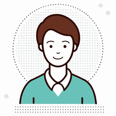 A young man with a blue shirt and a tie is smiling. He has a friendly and approachable demeanor