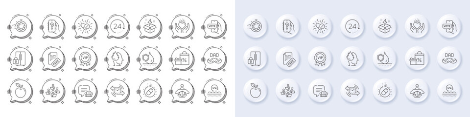 Waterproof, Online voting and Medical drugs line icons. White pin 3d buttons, chat bubbles icons. Pack of Stress, Shopping, Apple icon. Seo timer, Capsule pill, Help app pictogram. Vector