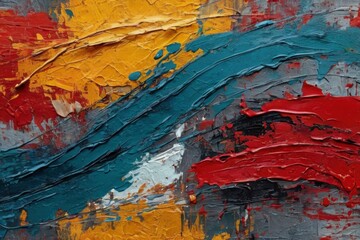 Fototapeta premium Dynamic abstract painting with bold brush strokes in vibrant shades of mustard yellow, deep teal, and rich red. Grunge texture in intense colors, sense of energy and movement, modern artistic look