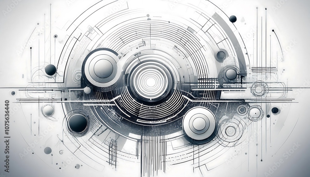 Poster a white background features a distressed design with geometric patterns, circle rings, and _1(777)