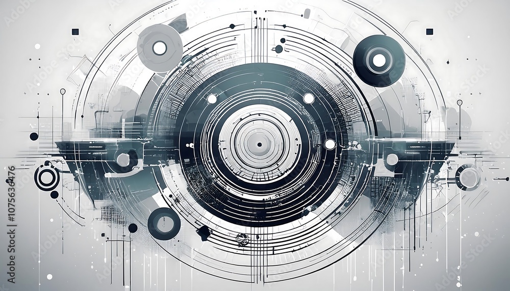 Poster a white background features a distressed design with geometric patterns, circle rings, and _1(775)